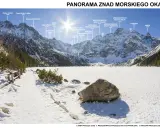 Zimowa panorama Tatr Wysokich z Morskim Okiem w dole. Widoczne liczne szczyty, m.in. Rysy, Mięguszowieckie Szczyty, Mnich.