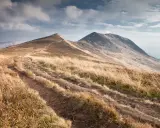 Ścieżka w trawach prowadzi ku szczytom. Czy Bieszczady to góry? Tak, te łagodne, trawiaste wzgórza i skaliste grzbiety udowadniają, że to piękne góry.