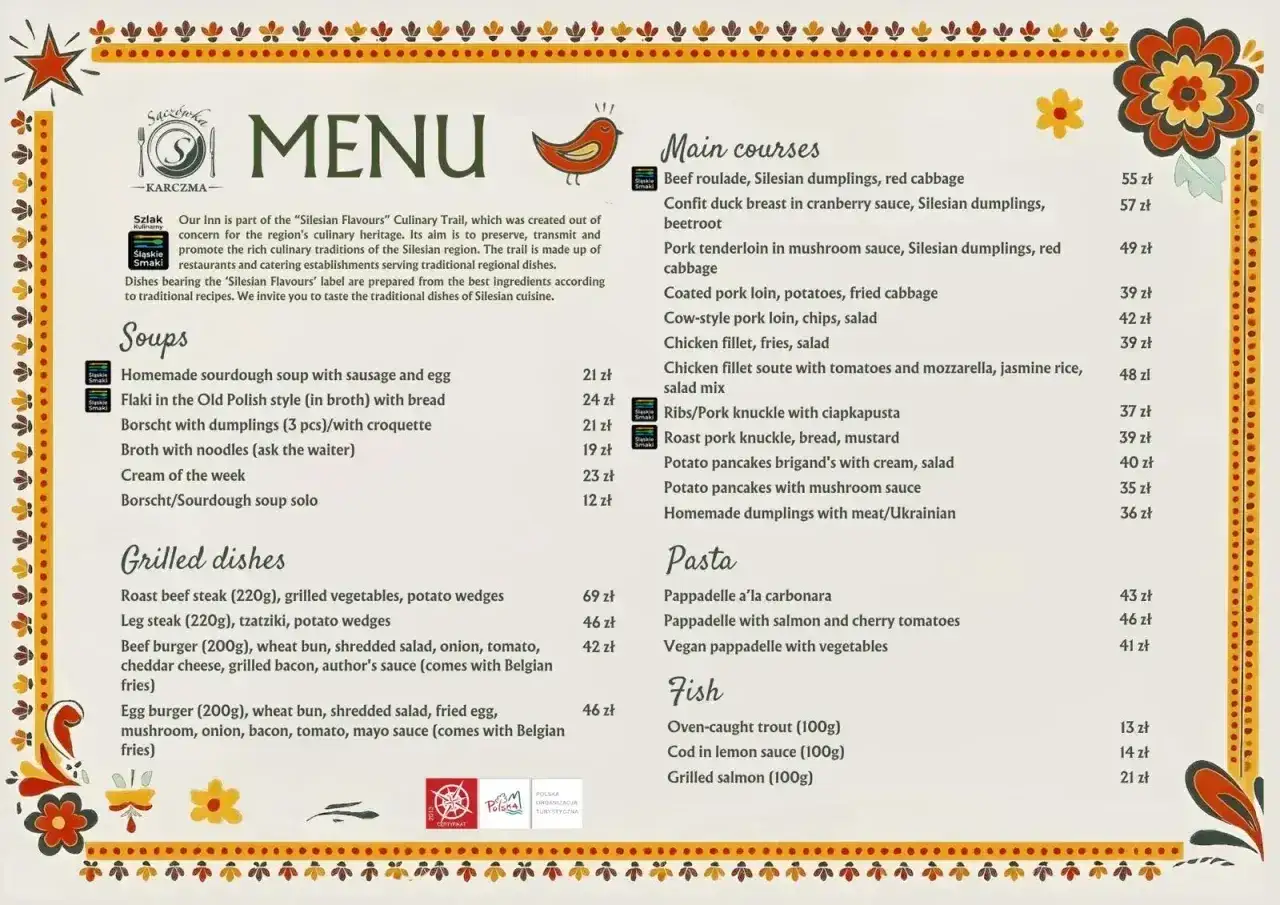 Menu kuchni góralskiej: zupy, dania główne, makarony i ryby. Spróbuj tradycyjnych smaków regionu.