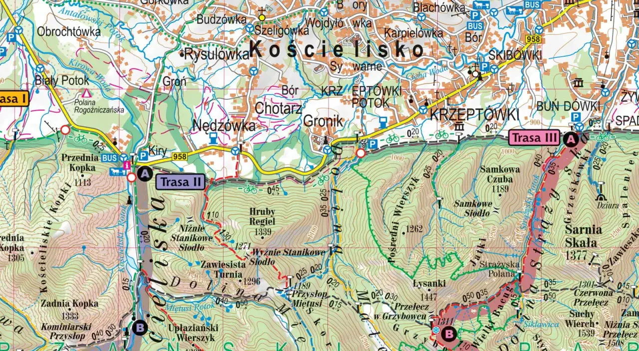 Mapa Tatr Zachodnich, pokazująca szlaki turystyczne i miejscowości. Widać tu m.in. Kościelisko, gdzie leży Zakopane, oraz szlaki Trasa II i Trasa III.